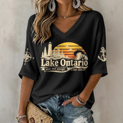 Cardydony V-neck Retro Lake Ontario Now And Always Est 1656 Print T-shirt