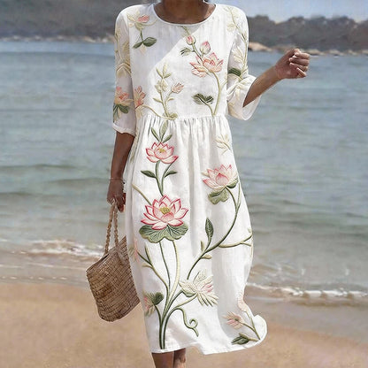 Cardydony Vintage Lotus Art Pattern Linen Blend Loose Three-quarter Sleeve Dress