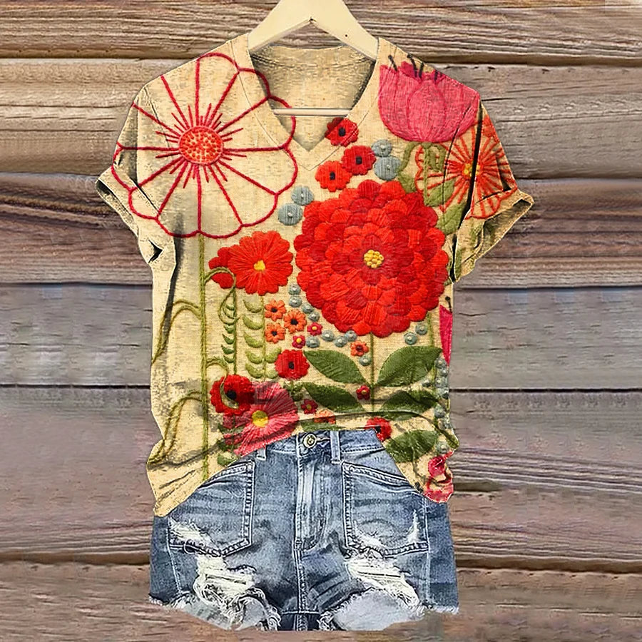 Cardydony Women's Vintage Floral Print V-neck Casual T-shirt