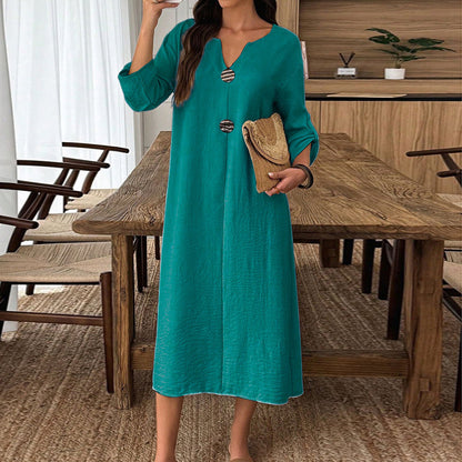 Cardydony Women's Elegant V-neck Linen-cotton Maxi Dress