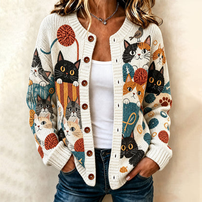 Cardydony Women's Vacation Retro Colorful Cat Print Crew Neck Cardigan
