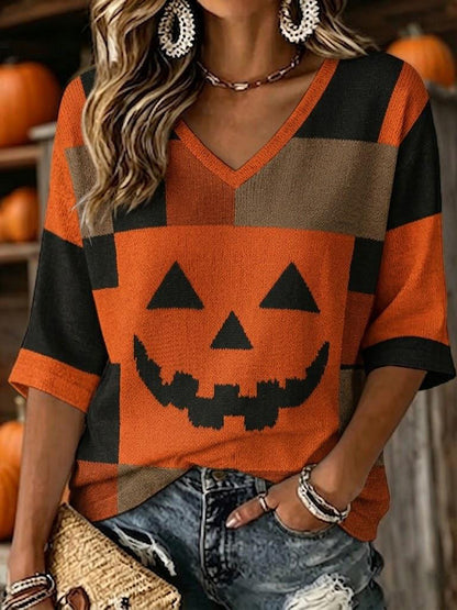 Cardydony Women's Vintage Patchwork Halloween Pumpkin Face Art Printed Mid-length Sleeves V-neck T-shirt