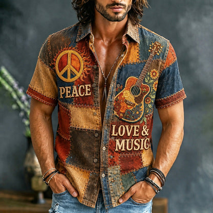 Cardydony Men's Hippie Peace Love Music Patchwork Print Short Sleeve Shirt