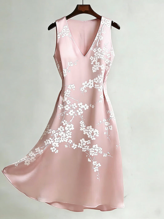 Cardydony Women's Japanese Cherry Blossom Art V-neck Sleeveless Flowy Midi Dress