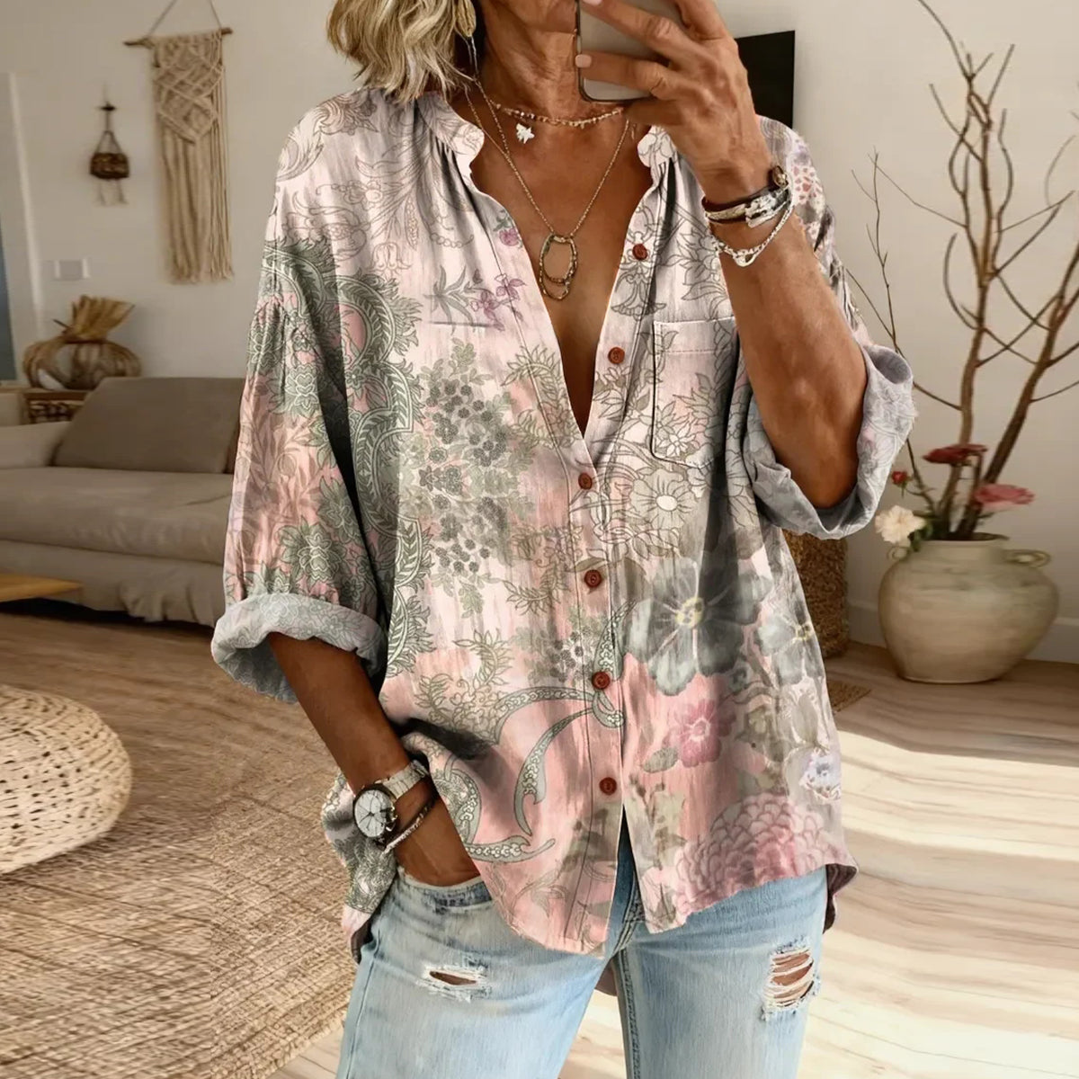 Cardydony Women's Floral Art Print Casual Cotton-linen Blend Shirt