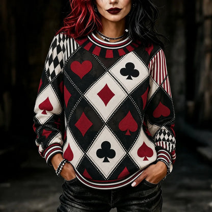 Cardydony Women's Halloween Retro Casual Color Block Poker Print Long Sleeve Crew Neck Sweatshirt
