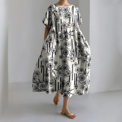 Cardydony Japanese Art Cherry Blossom Print Short Sleeve Loose Midi Dress