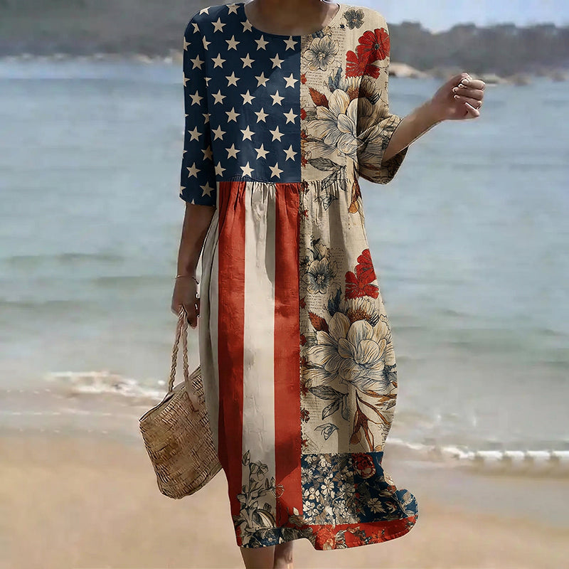 Cardydony Women's Vintage Independence Day Flag Flower Art Print Midi Dress