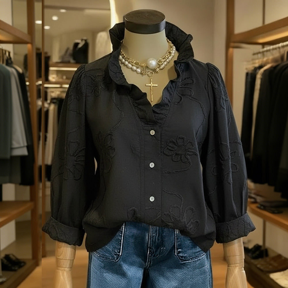 Cardydony Vintage Floral Pattern Ruffled Collar Comfy Shirt