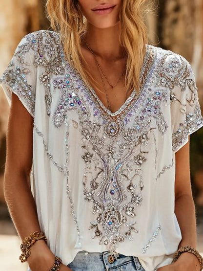 Cardydony Women's Retro Bohemian Style Floral Print Rhinestone V-neck Short-sleeve Top