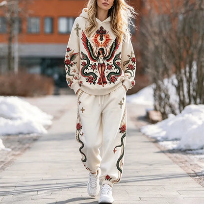 Cardydony Women's Vintage Angel And Cross Print Hoodie And Pants Set