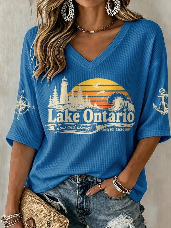 Cardydony V-neck Retro Lake Ontario Now And Always Est 1656 Print T-shirt