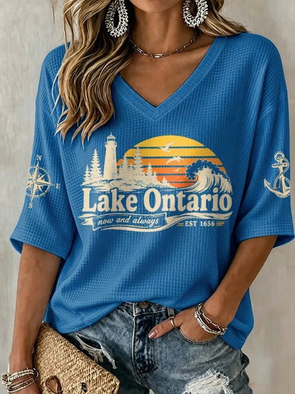 Cardydony V-neck Retro Lake Ontario Now And Always Est 1656 Print T-shirt
