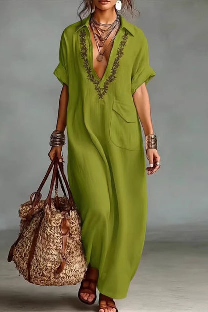 Cardydony Women's  Linen Blend Embroidered V-neck Pocket Casual Loose Maxi Dress