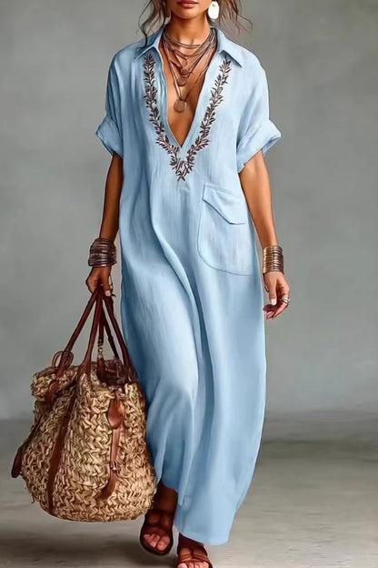 Cardydony Women's  Linen Blend Embroidered V-neck Pocket Casual Loose Maxi Dress