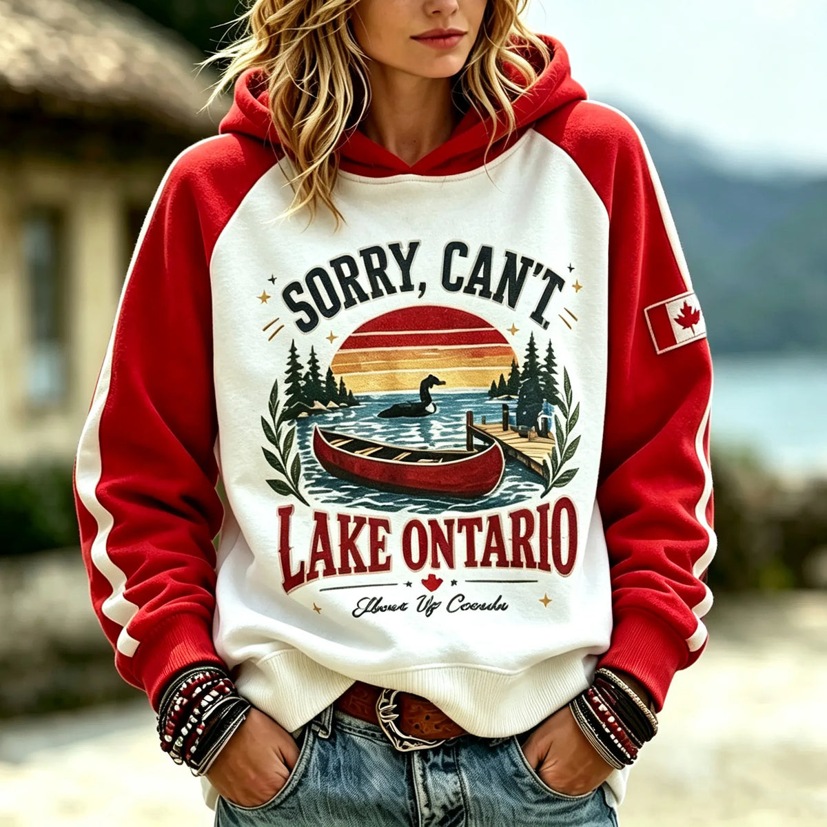 Cardydony Women's Retro Resort Style Lake Ontario Letter Color Block Print Hoodie