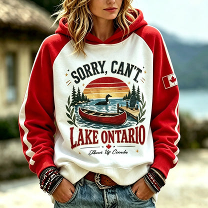 Cardydony Women's Retro Resort Style Lake Ontario Letter Color Block Print Hoodie