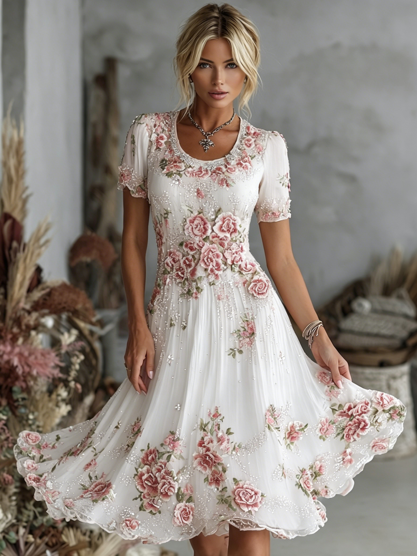 Cardydony Women's Vintage Floral Art Pattern Crew Neck Short Sleeve Linen Maxi Dress