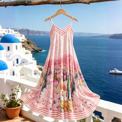 Cardydony Landscape Print Satin Sleeveless Midi Dress