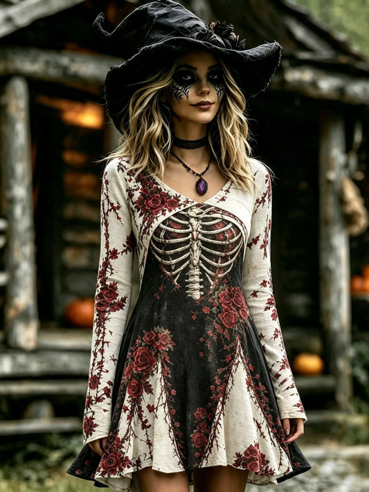 Cardydony Women's Vintage Halloween Gothic Skeleton Roses Art Print Linen Mini Dress