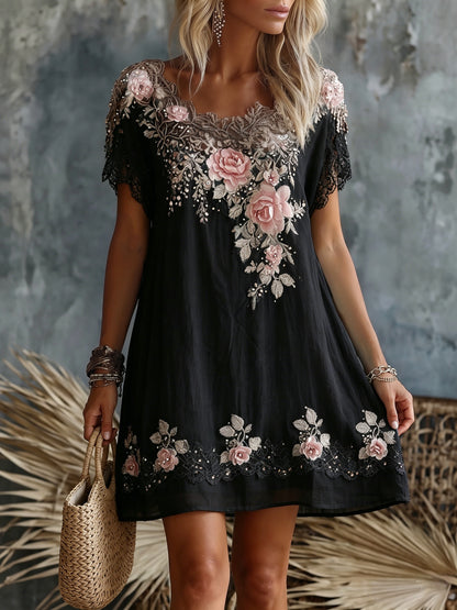 Cardydony Women's Retro Rose Floral Embroidery Pattern Short Sleeve Linen Dress