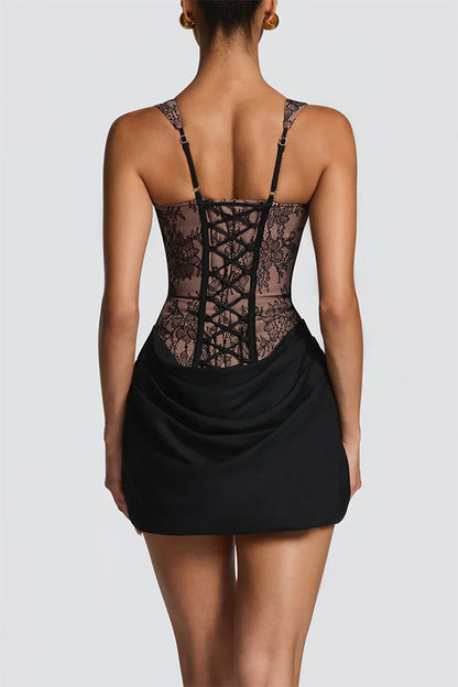 Cardydony Women's Cornelia Floral Lace Contrast Structural Detail Back Lace-up Satin Hem Mini Dress