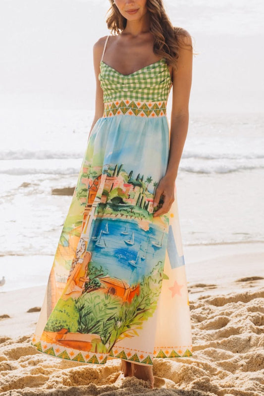 Cardydony Women's Unique Printed Spaghetti Strap Pleated Casual Maxi Dress