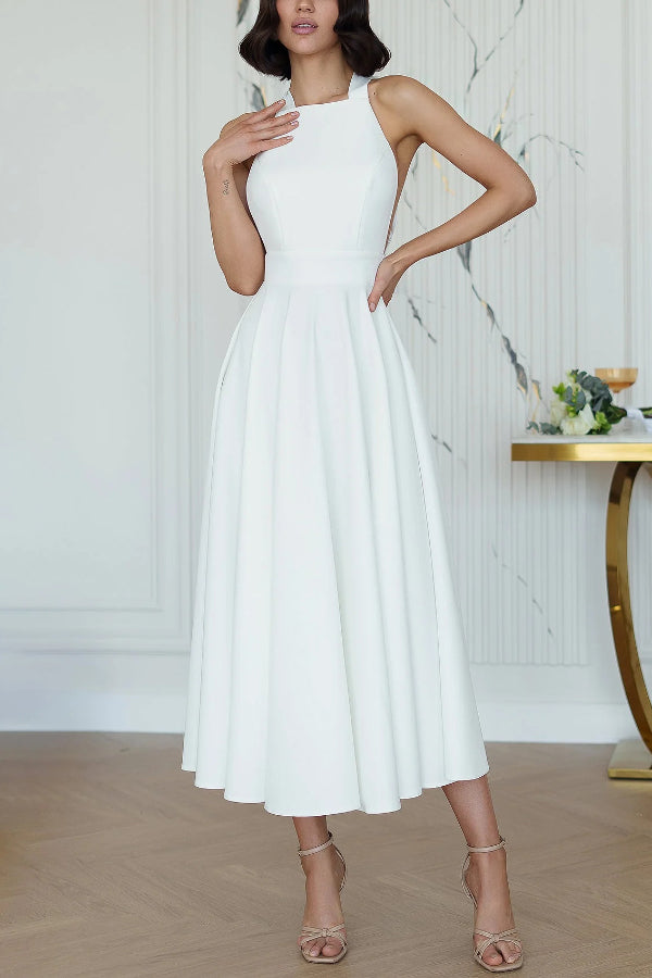 Cardydony Women's Solid Color Halter Neck Bow Tie Elegant Waist-cinching Midi Dress
