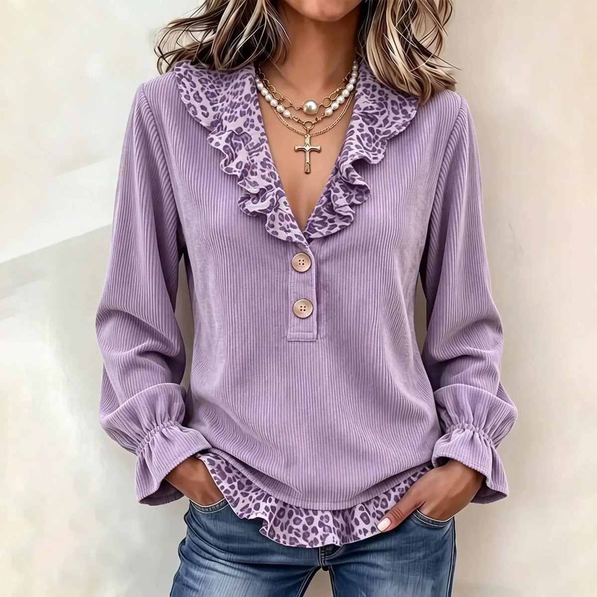 Cardydony Women's Fall Winter Cozy Elegant Leopard Corduroy Top