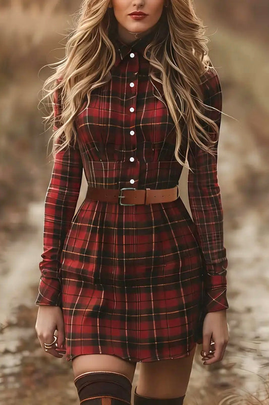 Cardydony Women's Plaid Print Lapel Long Sleeve Button-down Belt Mini Dress