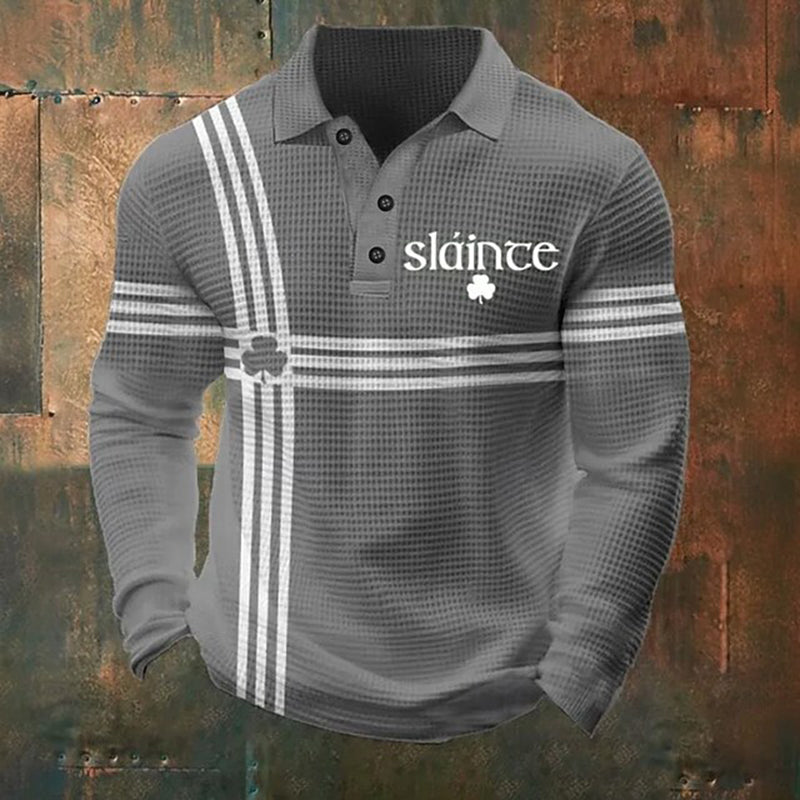 Cardydony Men's St Patrick's Day Shamrock Waffle Long Sleeve Polo Shirt