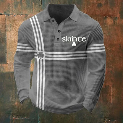 Cardydony Men's St Patrick's Day Shamrock Waffle Long Sleeve Polo Shirt