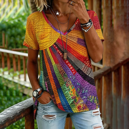 Cardydony Women's Colorful Sun Collage Art Print Short Sleeve V Neck Tshirt