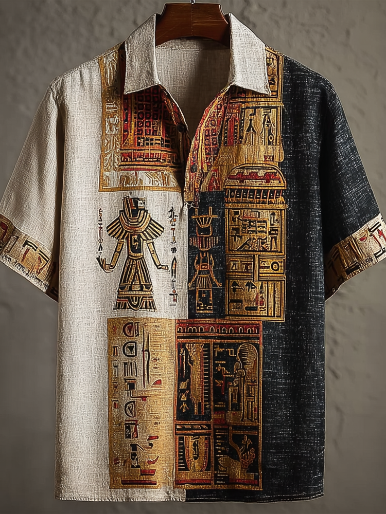 Cardydony Men's Egyptian Tribal Pattern Retro Linen Short-sleeve Shirt