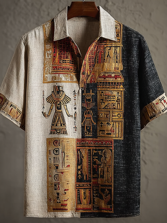 Cardydony Men's Egyptian Tribal Pattern Retro Linen Short-sleeve Shirt