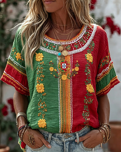Cardydony Women's Retro Floral Embroidered Patchwork Art Linen Blend T-shirt
