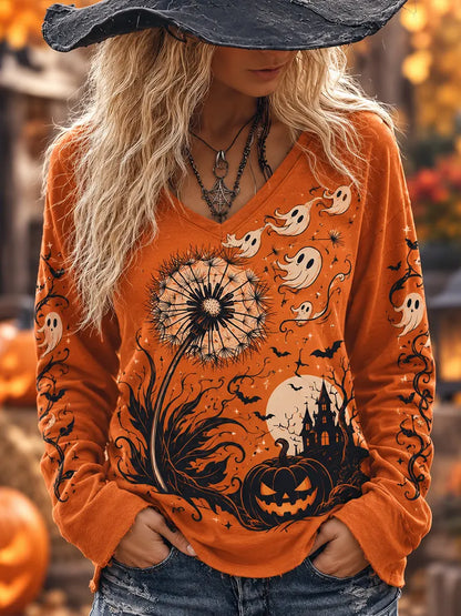 Cardydony Omen's Halloween Orange Ghost And Dandelion Print V-neck Long Sleeve Top