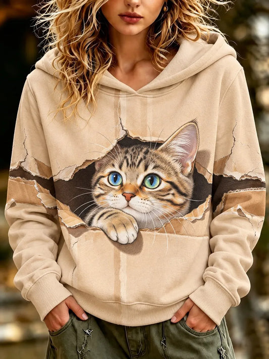 Cardydony Women's Vintage-style Cute Cat-print Hooded Sweatshirt