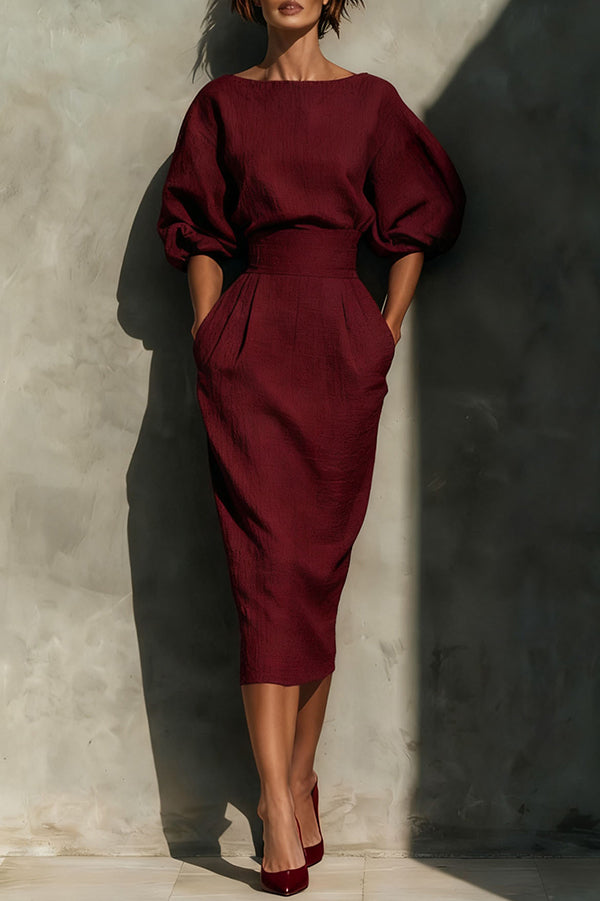 Cardydony Women's Elegant Puff Sleeve High-waisted Pocket Casual Midi Dress