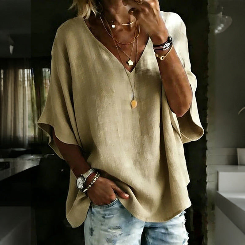 Cardydony Women's Solid Color V-neck Linen Blend Loose T-shirt