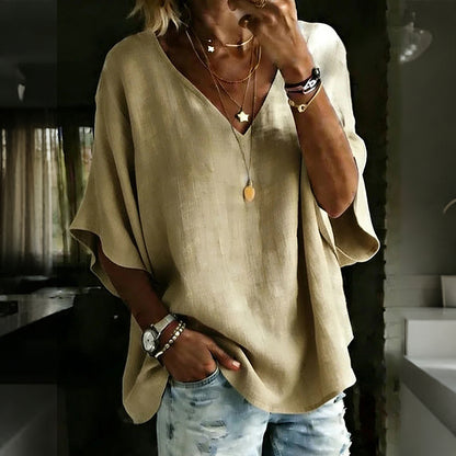 Cardydony Women's Solid Color V-neck Linen Blend Loose T-shirt