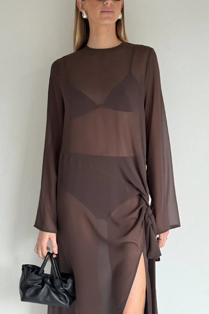 Cardydony Women's  Fashionable Mesh See-through Round Neck Long Sleeve Tie Bow Slit Maxi Dress