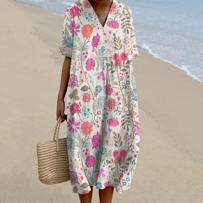 Cardydony Women's Pastoral Floral Art Print Casual Cotton Linen Dress