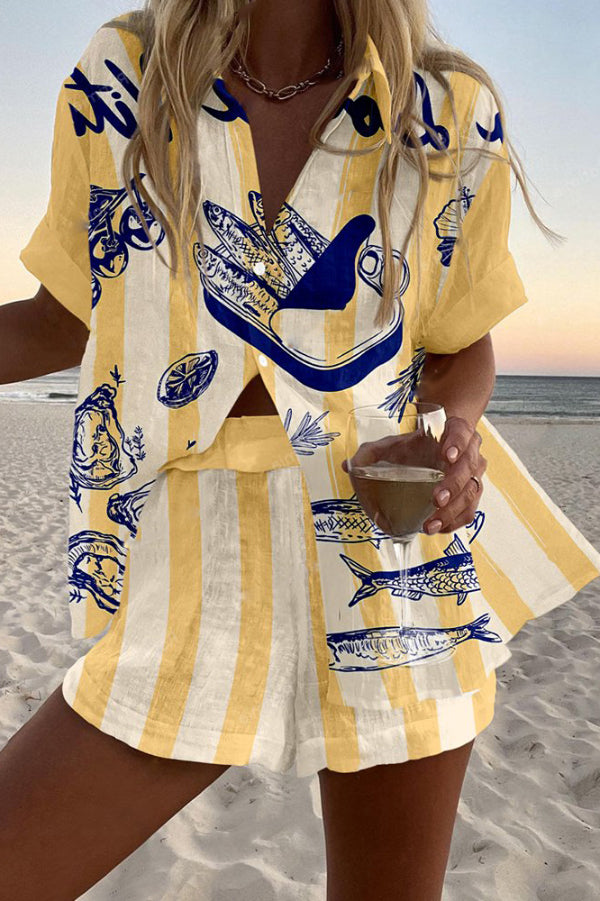 Cardydony Women's Sardine Can Print Loose Button Elastic Waist Shorts Set