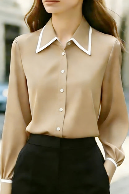 Cardydony Women's Stylish Color-blocked Collared Long-sleeved Casual Button-down Shirt