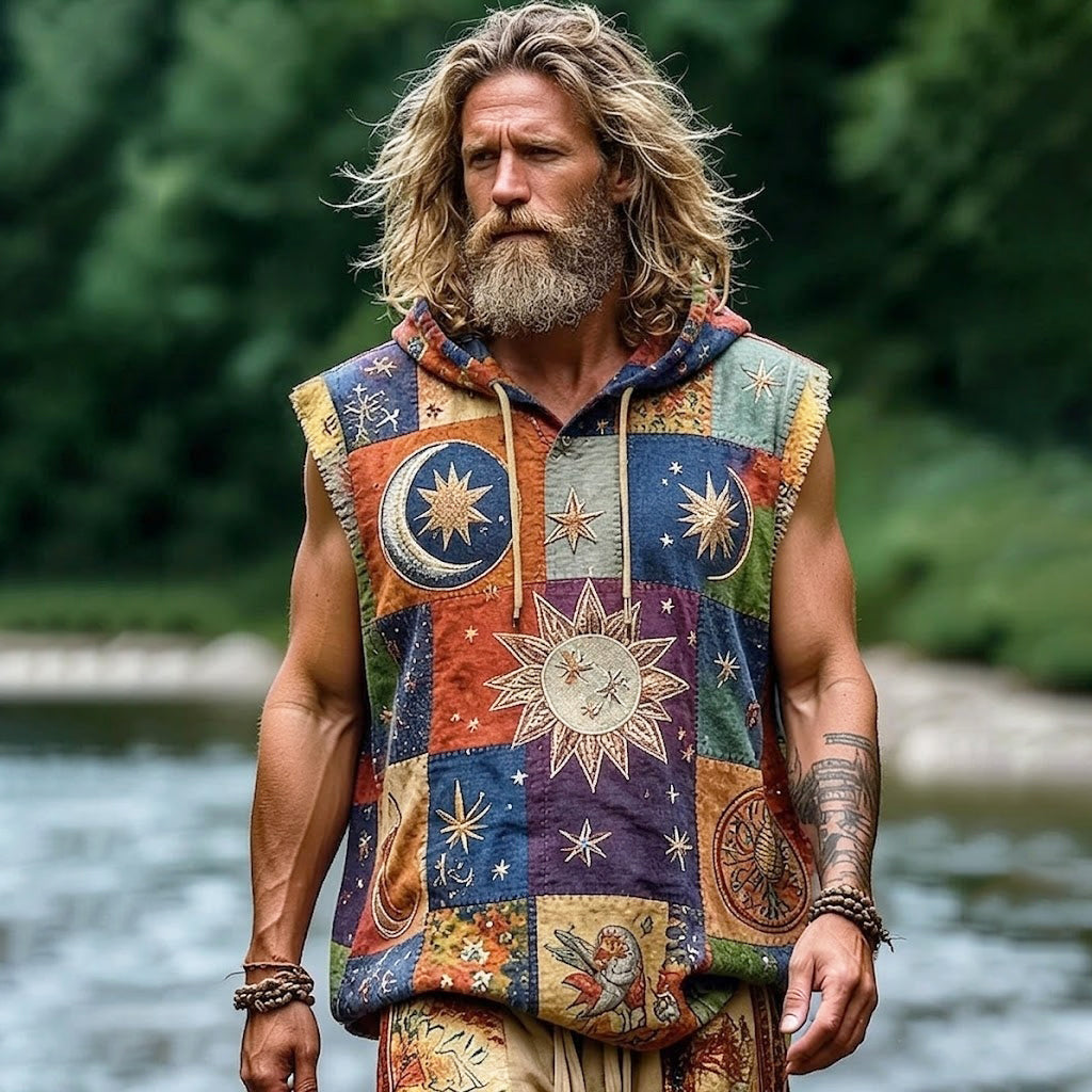Cardydony Men's Retro Hippie Patchwork Sun Peace Print Cotton Linen Hooded Tank Top