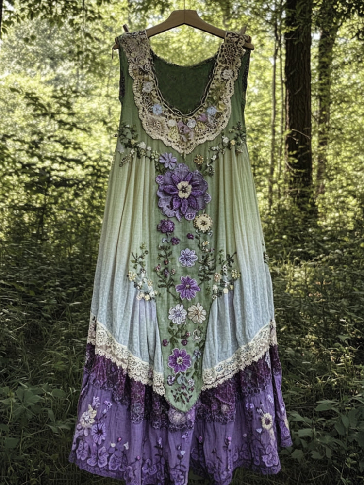 Cardydony Vintage Boho Lavender Art Linen Patchwork Art Linen Tank Dress