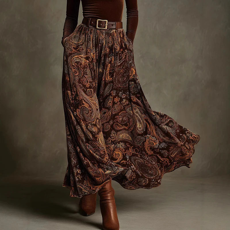 Cardydony Vintage Printed Velvet Belted Maxi Dress