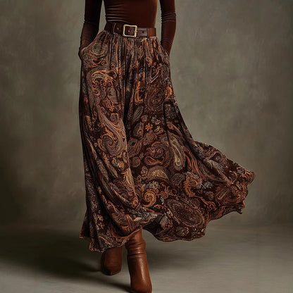 Cardydony Vintage Printed Velvet Belted Maxi Dress