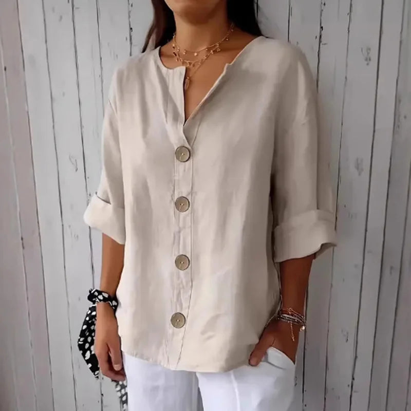 Cardydony Solid Color Linen Blend Button Casual Shirt